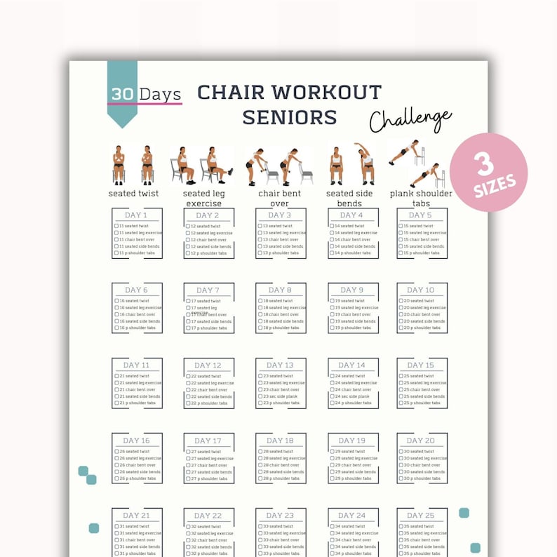 K&ouml;nnte beinhalten: Eine druckbare 30-Tage-Stuhl-Workout-Challenge f&uuml;r Senioren. Die Tabelle zeigt 25 Tage mit &Uuml;bungen, mit f&uuml;nf verschiedenen &Uuml;bungen pro Tag. Die &Uuml;bungen umfassen sitzende Drehung, sitzende Bein&uuml;bung, Stuhlbeugen, sitzende Seitw&auml;rtsbeugen und Plank-Schulter-Tabs. Die Tabelle soll Senioren helfen, aktiv zu bleiben und ihre Fitness zu verbessern.