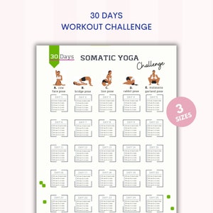 Puede incluir: Un desafío de yoga somático imprimible de 30 días con cinco posturas diferentes: cara de vaca, puente, león, conejo y malasana garland. Cada postura está ilustrada con una figura de palo y tiene una lista de verificación para cada día del mes.