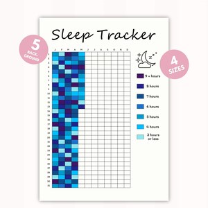 May include: A printable sleep tracker chart with a grid of squares for each day of the year. The squares are colour-coded to represent the number of hours of sleep, from 9+ hours (dark blue) to 3 hours or less (light blue).
