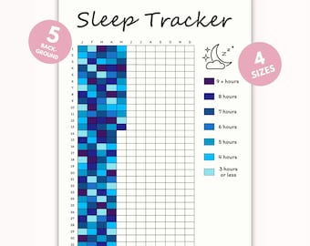 May include: A printable sleep tracker chart with a grid of squares for each day of the year. The squares are color-coded to represent the number of hours of sleep, from 9+ hours (dark blue) to 3 hours or less (light blue).