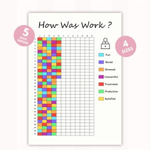 Könnte beinhalten: Eine druckbare Tabelle zur Verfolgung der Arbeitszufriedenheit. Die Tabelle hat ein Raster mit den Tagen des Monats und einer Spalte für jeden Monat des Jahres. Die Tabelle enthält einen Schlüssel mit verschiedenen farbigen Quadraten, die Gefühle bei der Arbeit repräsentieren, wie z. B. Spaß, Langeweile, Stress, ereignislos, frustriert, produktiv und zufrieden.