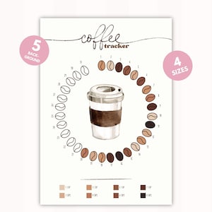 May include: A printable coffee tracker with a watercolor illustration of a coffee cup and coffee beans. The tracker is designed to help you track your daily coffee intake. The tracker has a circle with 31 coffee beans around it. The coffee beans are different colors to represent different amounts of coffee. The tracker also has a key that shows how many cups of coffee each color of coffee bean represents.