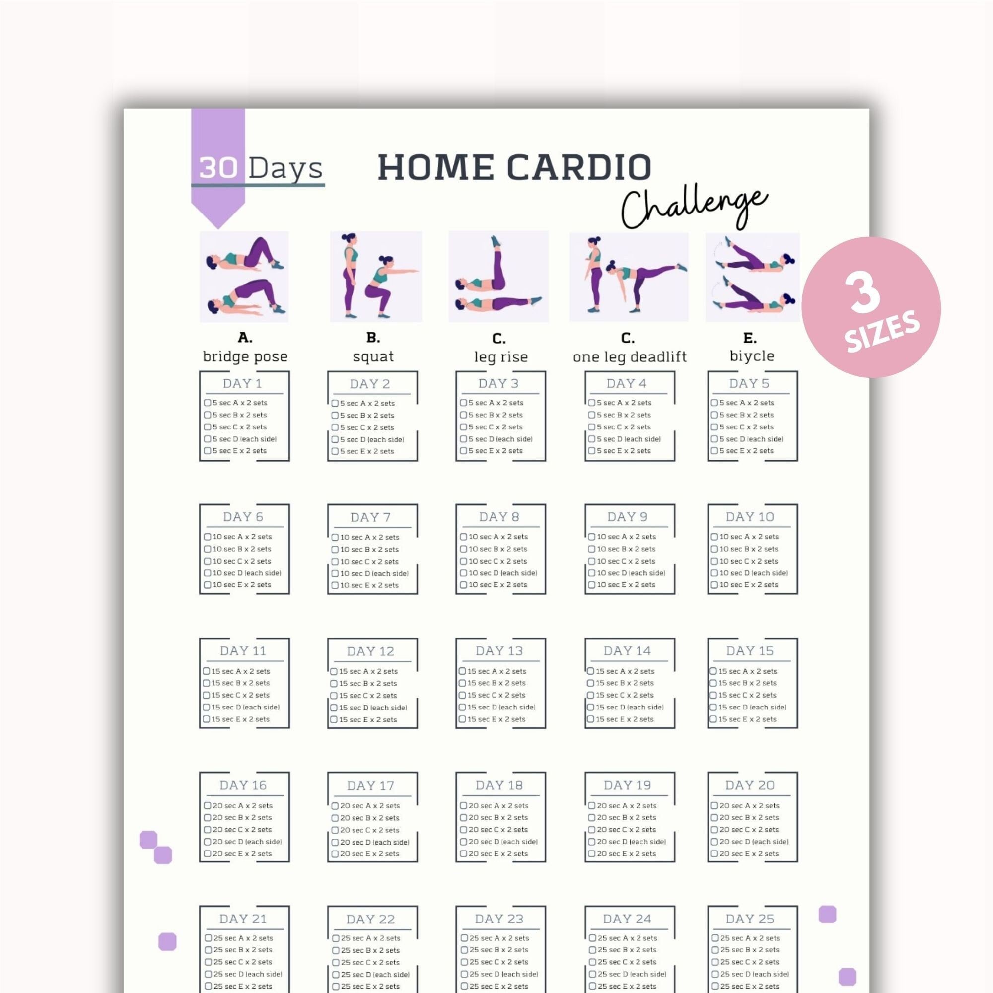 30 Day Home Cardio Challenge No Equipment Cardio Workout Digital Sheet Reshape Summer Body Body Weight Home Workout PDF A4 USL Etsy