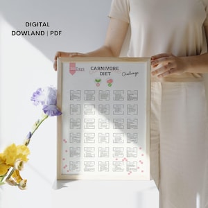 May include: A printable 30-day Carnivore Diet Challenge chart with a pink and white color scheme. The chart is divided into 30 squares, each with a day number and a meal plan. The chart is framed in a light wood frame.