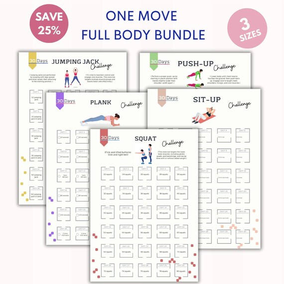 One Move Full Body Bundle 5 Products 30 Day Workout Challenge Squat Plank Push up Sit up digital Product printable a4 usl poster Etsy