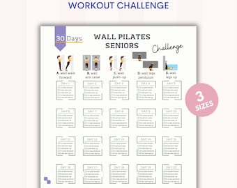May include: A printable 30-day wall pilates workout challenge for seniors. The chart includes five different exercises: wall walk forward, wall arm raise, wall push-up, wall legs pendulum, and wall legs up. Each exercise is illustrated with a stick figure.