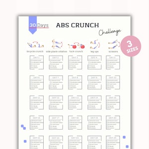 Sfida di allenamento per crunch addominali di 30 giorni / Allenamento in casa / Tracker di bodybuilding / Prodotto digitale / Stampabile / Lettera A4 e USA