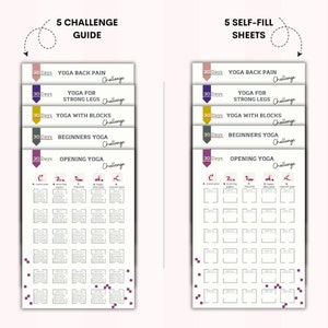 May include: A printable 30-day yoga challenge guide with five different yoga routines: Yoga Back Pain, Yoga for Strong Legs, Yoga with Blocks, Beginners Yoga, and Opening Yoga. Each routine has a grid of 30 squares for tracking progress.