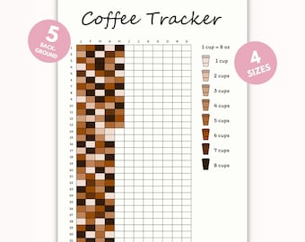 Puede incluir: Un rastreador de café imprimible con una cuadrícula para cada mes del año. La cuadrícula está llena de cuadrados marrones para rastrear la ingesta diaria de café. Una clave en el lado derecho muestra el número de tazas de café representadas por cada cuadrado. El texto "Coffee Tracker" está en la parte superior de la página.