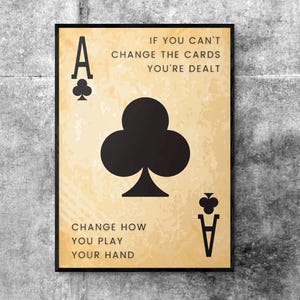 Carta de pôquer Ás de Paus, Jogo de cartas, Citação inspiradora, Sala de jogos, Presente para jogador de pôquer, Arte de parede para cartas de baralho