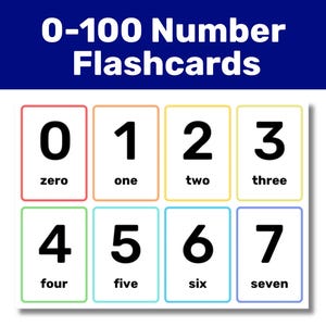 May include: A set of educational flashcards featuring the numbers 0 through 7. Each card displays a large black numeral and its corresponding word in lowercase letters, framed by a thin coloured border. The text 0-100 Number Flashcards is at the top.