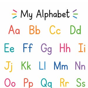 Może przedstawiać: Biały plakat edukacyjny z napisem My Alphabet u góry i kolorowymi akcentami. Angielski alfabet jest wyświetlany w rzędach, a każda para liter jest prezentowana w różnych jasnych kolorach, w tym czerwonym, pomarańczowym, żółtym, zielonym, niebieskim, fioletowym i różowym.