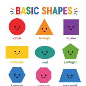 May include: An educational poster titled BASIC SHAPES featuring twelve colorful geometric shapes including a red circle, orange triangle, purple square, yellow rectangle, teal oval, green pentagon, blue hexagon, pink octagon, blue trapezoid, green parallelogram, purple rhombus, and orange kite, each with a simple black smiling face.