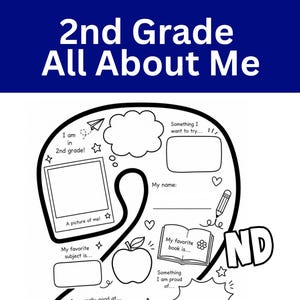 May include: A black and white printable worksheet shaped like the number 2 with the text 2nd Grade All About Me. It features sections for a photo, name, favorite subject, book, and goals, decorated with icons of an apple, pencil, and globe.