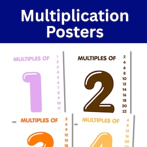 Può includere: Quattro poster educativi intitolati Multiplication Posters, ognuno con un grande numero e i suoi multipli. I poster mostrano i numeri 1, 2, 3 e 4 in viola, marrone, arancione e arancione chiaro, con le relative liste di multipli.