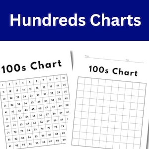 May include: Two white educational worksheets titled 100s Chart. One sheet features a grid filled with numbers from 1 to 100 in black ink. The second sheet displays an empty 10x10 grid with blank spaces for a name and date at the top of the page.