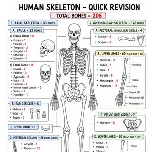 Può includere: Un grafico educativo intitolato Human Skeleton - Quick Revision, che mostra un'illustrazione centrale di uno scheletro umano circondato da elenchi dettagliati e diagrammi delle ossa, inclusi cranio, arti e gabbia toracica, per un totale di 206 ossa.