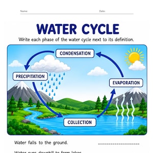 Könnte beinhalten: Ein Arbeitsblatt mit dem Titel WATER CYCLE, das ein Diagramm des Wasserkreislaufs mit den Bezeichnungen CONDENSATION, PRECIPITATION, EVAPORATION und COLLECTION zeigt. Die Abbildung zeigt Berge, einen Fluss, einen See und eine Sonne mit Pfeilen.