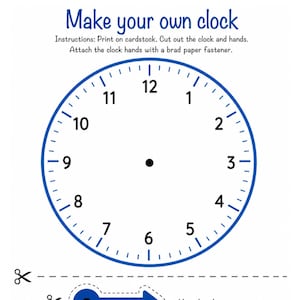 May include: A printable clock activity sheet featuring a large circular clock face with numbers 1 through 12, a dark blue border, and two separate clock hands labeled Hour hand and Minute hand with scissors icons indicating where to cut.