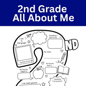 May include: A black and white printable worksheet shaped like the number 2 with the text 2nd Grade All About Me. It includes sections for a photo, name, favorite book, subject, and prompts about school goals, hobbies, and personal interests.