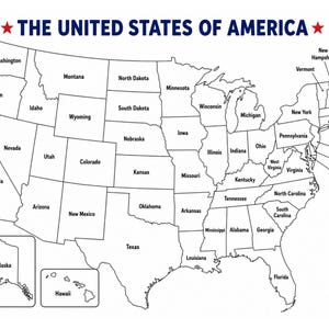 May include: A black and white outline map of the United States of America with the text THE UNITED STATES OF AMERICA centered at the top between two red stars and horizontal lines. The map displays all fifty states with their names labeled.