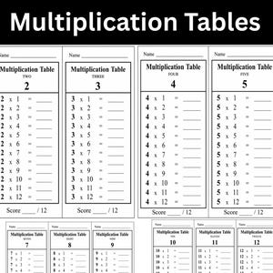 Może przedstawiać: Kolekcja czarno-białych arkuszy edukacyjnych zatytułowanych Multiplication Tables, zawierająca oddzielne kolumny dla liczb od dwóch do dwunastu. Każda sekcja zawiera linię na imię, równania mnożenia od jednego do dwunastu oraz pole na wynik.