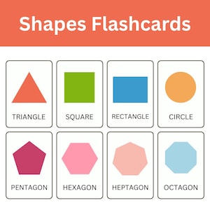 May include: A set of eight educational flashcards titled Shapes Flashcards. Each card features a distinct geometric shape in a unique colour, including a red triangle, green square, blue rectangle, orange circle, magenta pentagon, pink hexagon, peach heptagon, and light blue octagon.