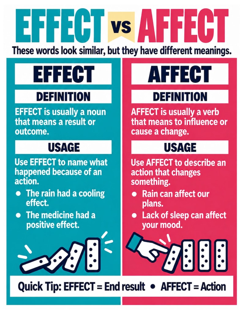May include: An educational poster titled EFFECT vs AFFECT with a teal and pink colour scheme. It provides definitions and usage examples for both words, featuring illustrations of falling dominoes and a hand pushing a domino to explain the concepts.