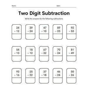 May include: A white worksheet with the title "Two Digit Subtraction" and instructions to write answers. It features 15 subtraction problems arranged in a grid, each with two-digit numbers.