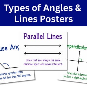 May include: Educational posters titled Types of Angles & Lines Posters. The set includes three white cards with black text and diagrams illustrating obtuse angles, parallel lines, and perpendicular lines with their respective definitions.