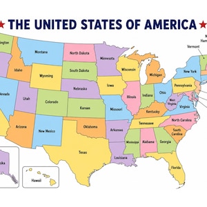 May include: A colourful map of the United States of America featuring individual states in various shades of yellow, blue, green, pink, and purple. The text THE UNITED STATES OF AMERICA is printed in dark blue at the top with red stars on each side.