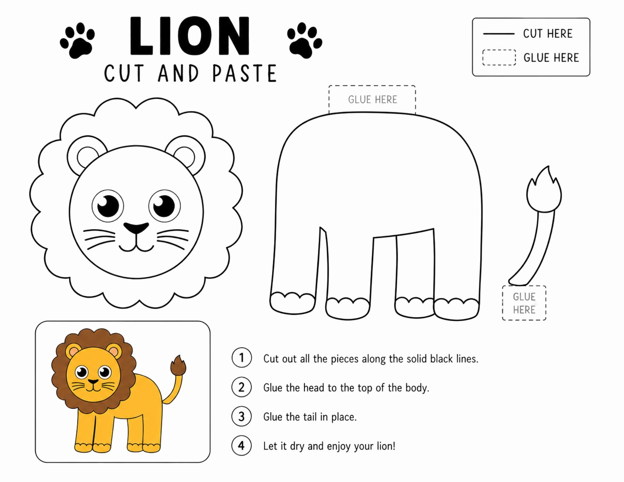 Lion Cut and Paste Craft Activity | Preschool Safari Animal Coloring ...