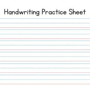Puede incluir: Una hoja de práctica de escritura blanca con el texto Handwriting Practice Sheet en la parte superior. La página contiene varias filas de líneas horizontales, alternando entre líneas azules sólidas, azules discontinuas y rojas sólidas.