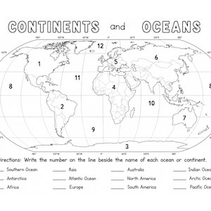 May include: A black and white educational worksheet featuring a world map with numbered continents and oceans. The title reads CONTINENTS and OCEANS. Below the map, the text reads Directions: Write the number on the line beside the name of each ocean or continent, followed by a list of names with blank lines for writing.