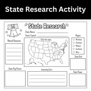 以下が含まれることがあります： 米国の州に関する研究活動用ワークシート。白黒印刷用で、米国の地図、自由の鐘のイラスト、州名、州都、地域、天然資源、州の鳥、州の花、興味深い事実を記入するためのセクションが含まれています。
