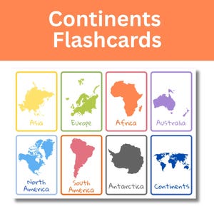 Może przedstawiać: Zestaw ośmiu kart edukacyjnych zatytułowanych Continents Flashcards. Każda karta przedstawia kolorową sylwetkę mapy kontynentu, w tym Azji, Europy, Afryki, Australii, Ameryki Północnej, Ameryki Południowej, Antarktydy oraz mapę świata z napisem Continents.