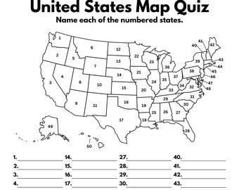 United States Map Quiz Worksheet, 2 Pages