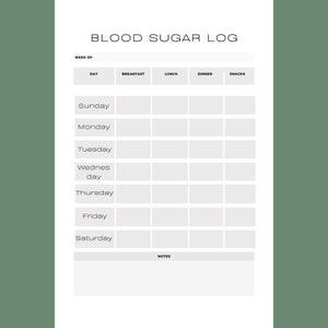 May include: A printable blood sugar log with a table to track blood sugar levels for each day of the week. The table includes columns for breakfast, lunch, dinner, and snacks. There is also a section for notes.