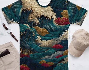 Camiseta con arte de olas japonesas para hombre, camiseta con gráfico oceánico