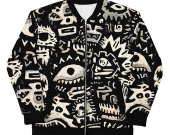 Abstract Graffiti Print Bomber Jacket: Unisex Streetwear Fashion