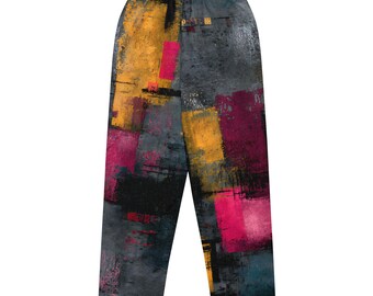 Pantalones deportivos anchos con estampado abstracto, estilo urbano urbano, pantalones deportivos con bloques de color estilo grunge.