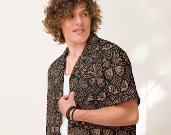 Men's Tribal Print Button-Up Shirt, Black Tan Ethnic Streetwear