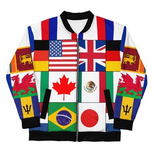World Flag Bomber Jacket, International Flag Streetwear, Global Flag Patchwork Jacket, Travel Style Unisex Zip Jacket