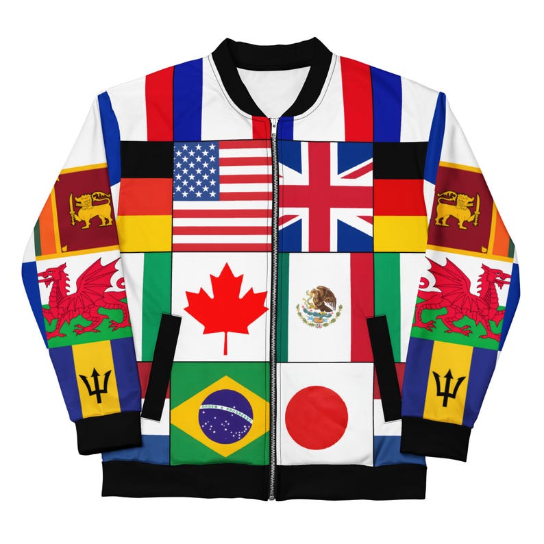 World Flag Bomber Jacket, International Flag Streetwear, Global Flag Patchwork Jacket, Travel Style Unisex Zip Jacket