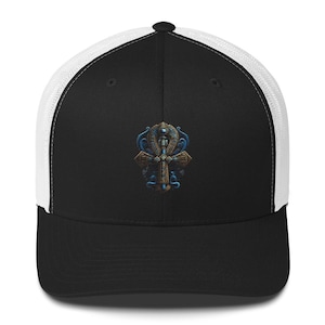 Grafisch geborduurde ankh snapback mesh hoed, hoed met Egyptisch symbool, truckerpet in etnische stijl, spiritueel cadeau-idee voor liefhebbers van geschiedenis