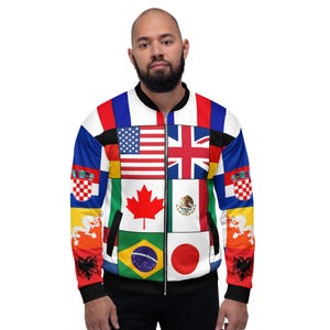 World Flag Bomber Jacket, International Flag Streetwear, Global Flag Patchwork Jacket, Travel Style Unisex Zip Jacket