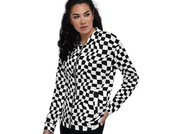 Chaqueta bomber de cuadros: estampado abstracto en blanco y negro, corte unisex