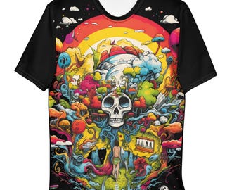 Men’s Psychedelic Skull T Shirt, Trippy All Over Print Graphic Tee, Surreal Fantasy Art Shirt, Bold Streetwear Top
