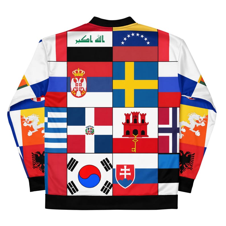 World Flag Bomber Jacket, International Flag Streetwear, Global Flag Patchwork Jacket, Travel Style Unisex Zip Jacket