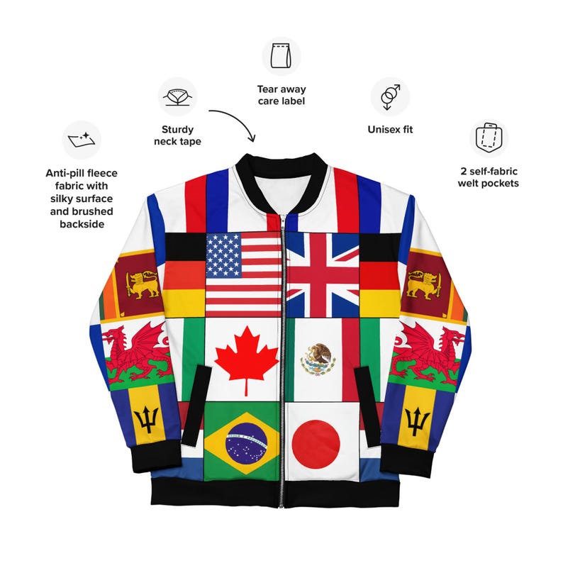 World Flag Bomber Jacket, International Flag Streetwear, Global Flag Patchwork Jacket, Travel Style Unisex Zip Jacket